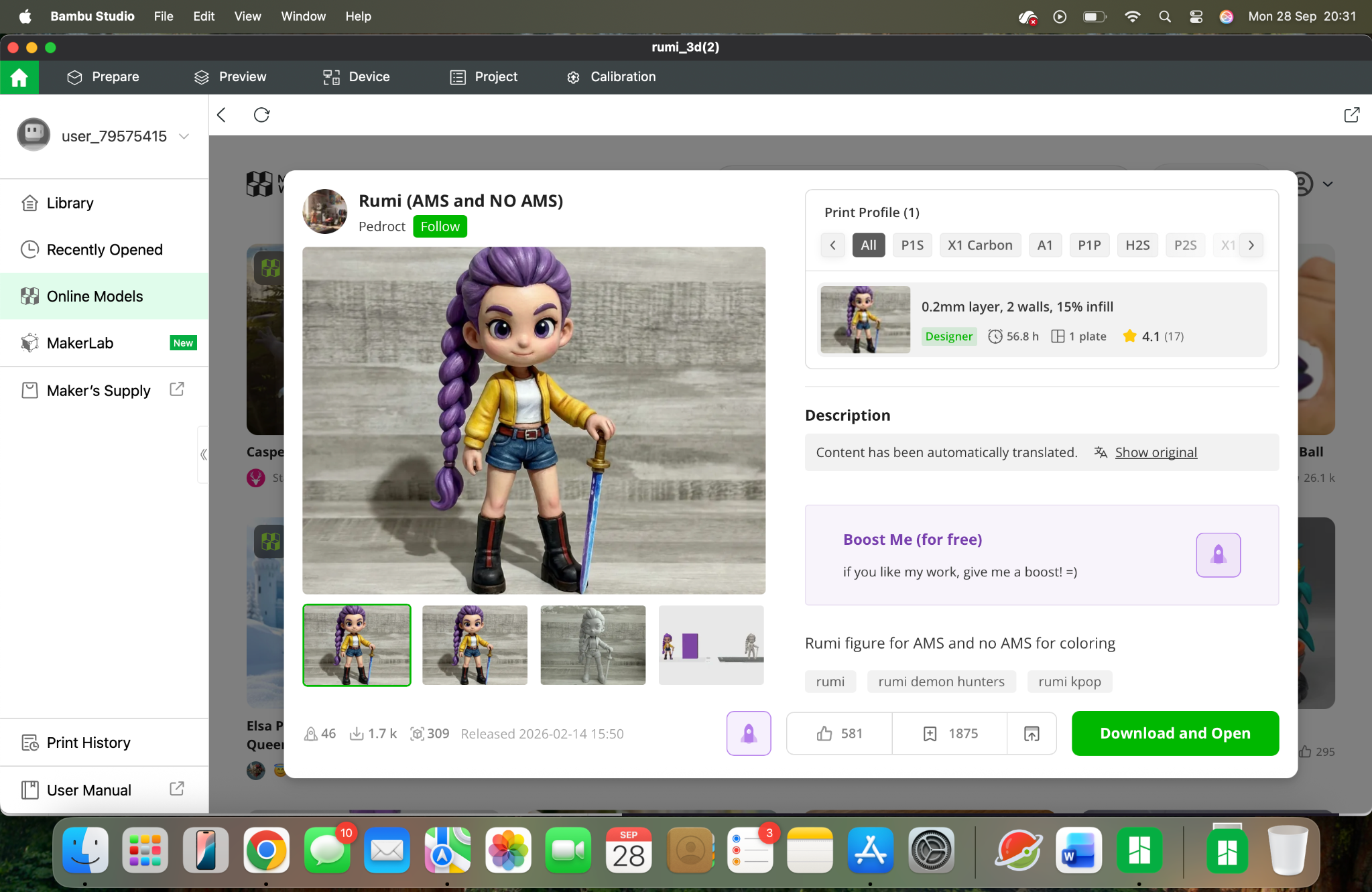 Supplied model preview of Rumi, with a purple braid, yellow jacket and sword