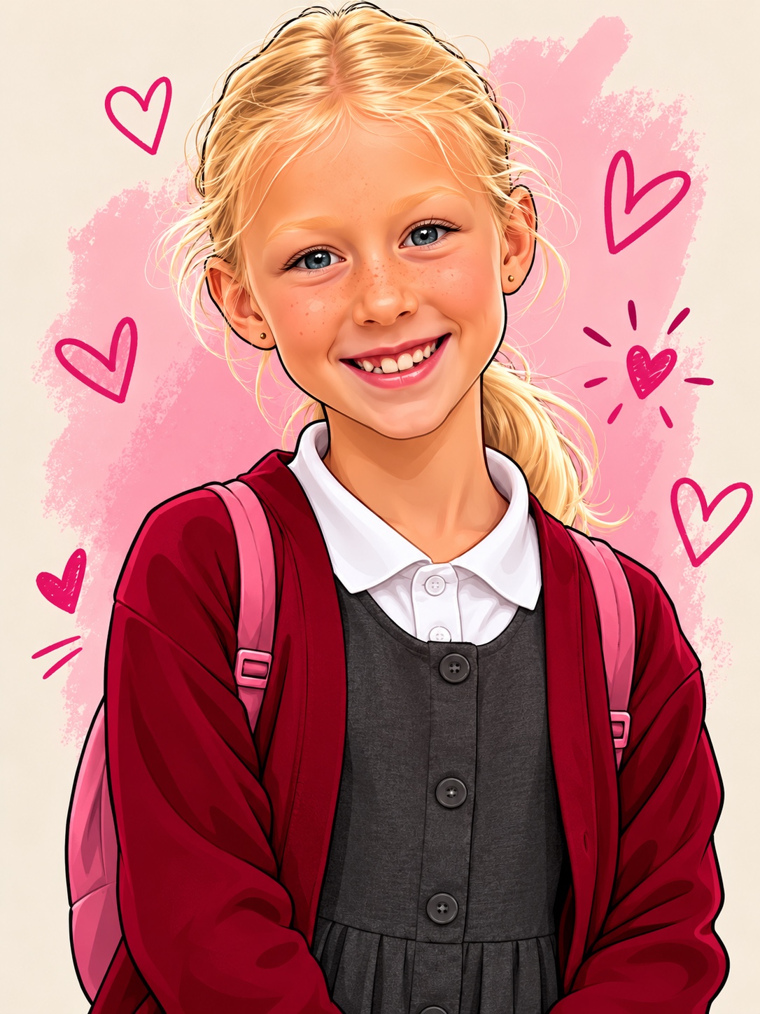 A cheerful illustrated portrait of Thea with pink hearts